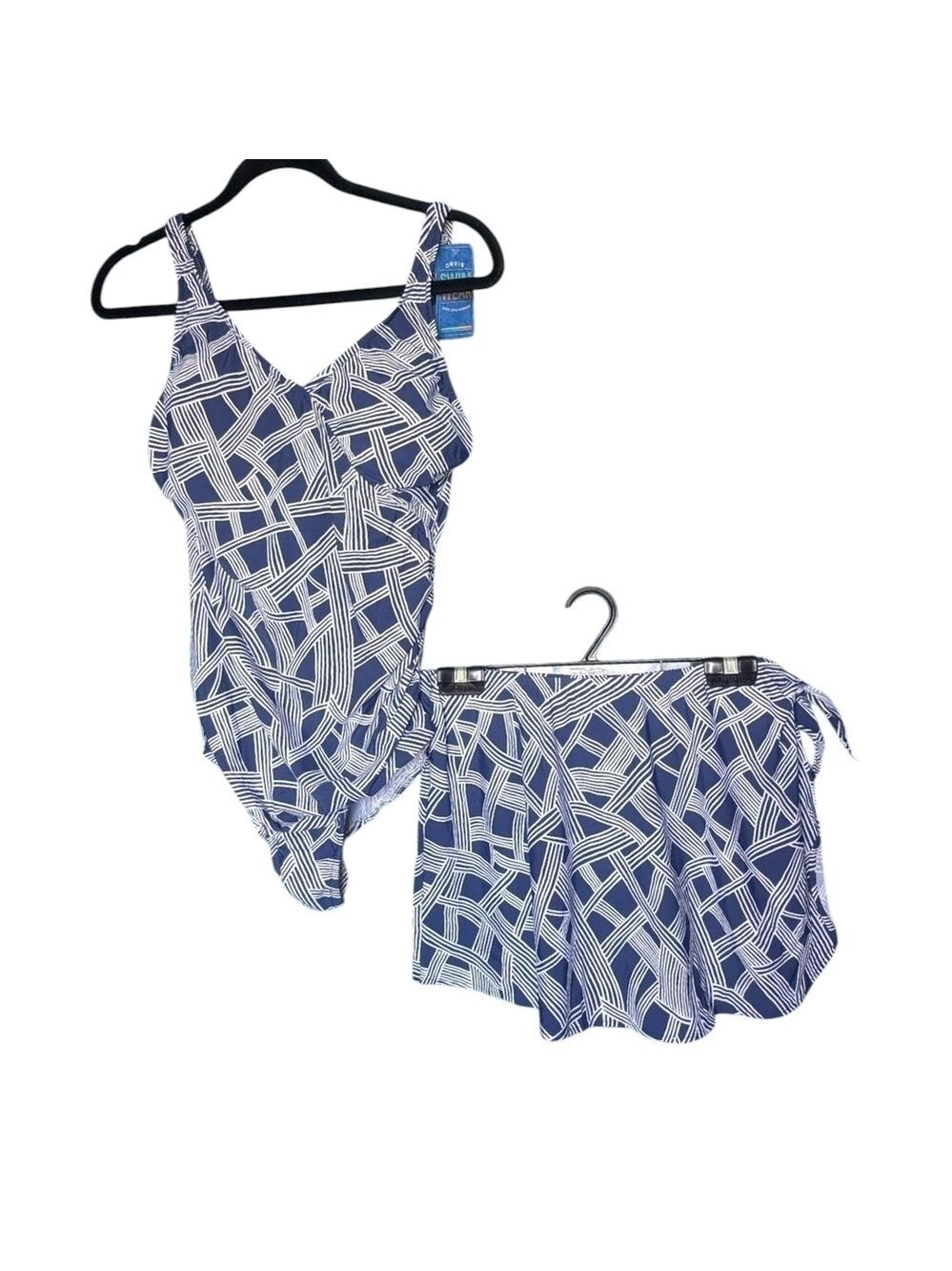 16 • Orvis • Navy and White Geometric One-Piece Swimsuit & Sarong Set